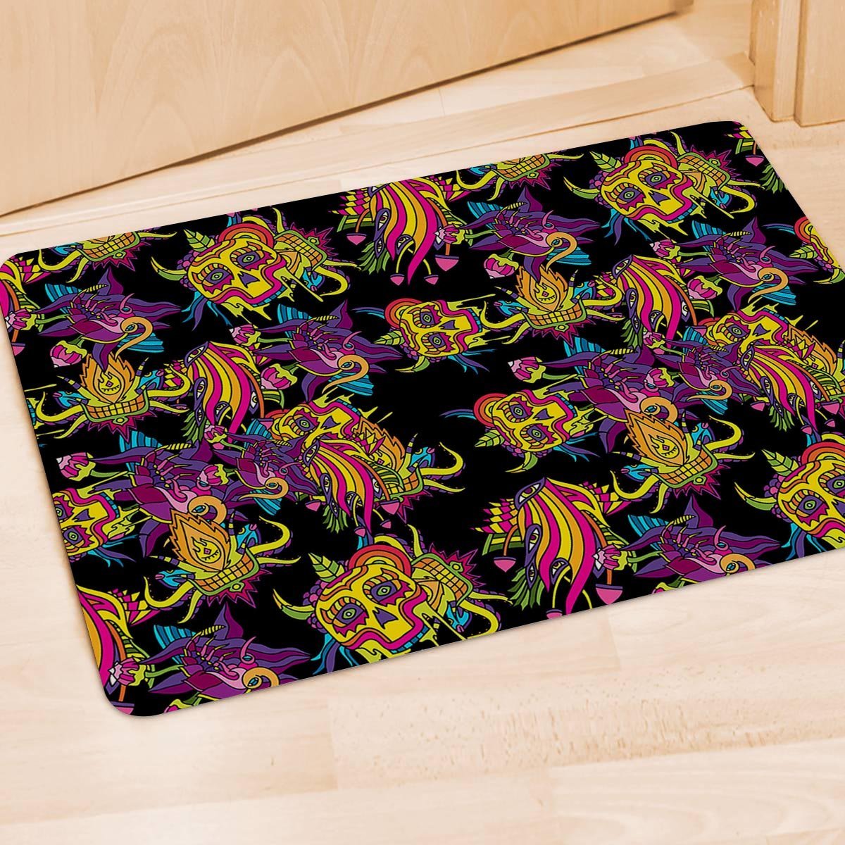 Black Skull Trippy Psychedelic Door Mat-grizzshop