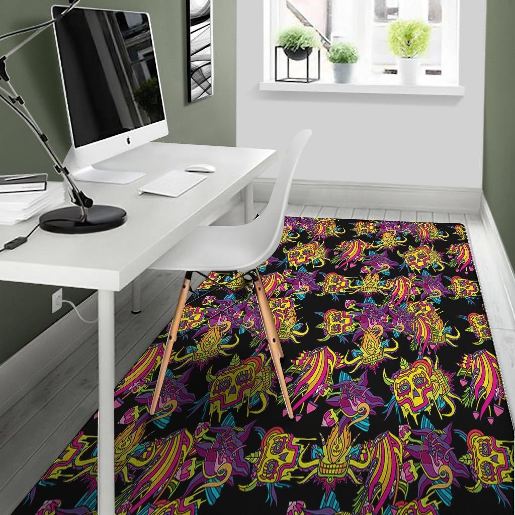 Black Skull Trippy Psychedelic Floor Mat-grizzshop