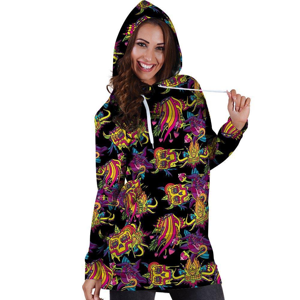 Black Skull Trippy Psychedelic Hoodie Dress-grizzshop