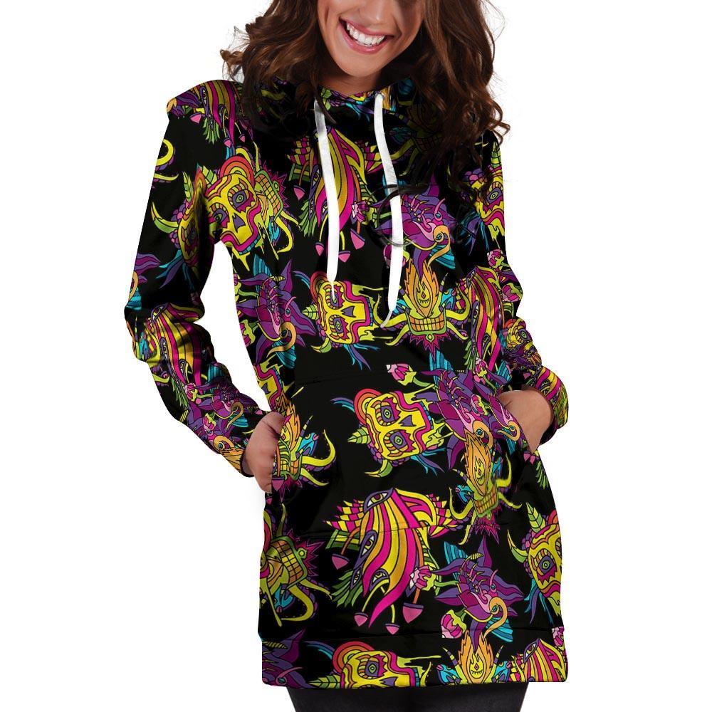 Black Skull Trippy Psychedelic Hoodie Dress-grizzshop