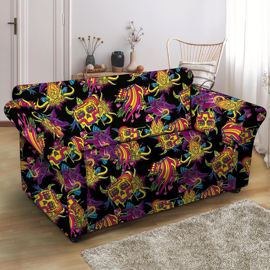 Black Skull Trippy Psychedelic Loveseat Cover-grizzshop