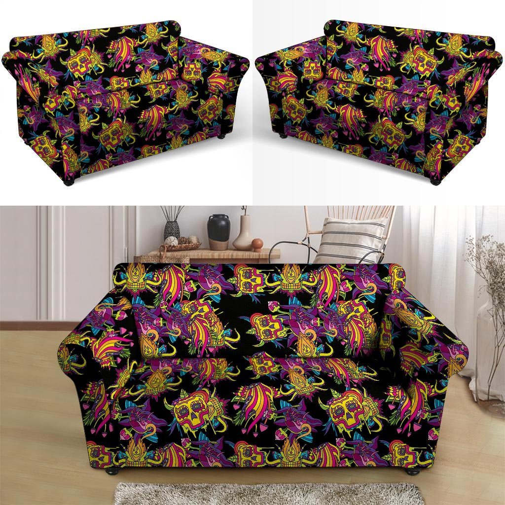 Black Skull Trippy Psychedelic Loveseat Cover-grizzshop