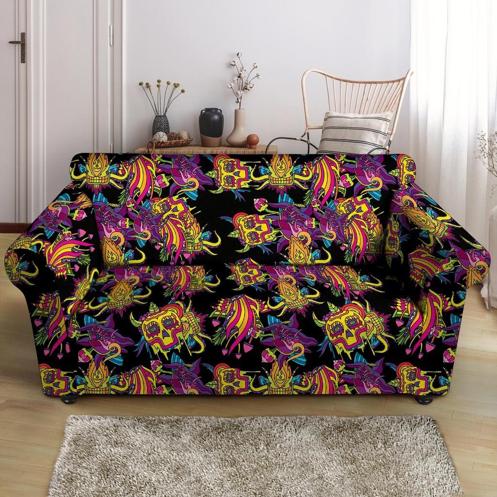 Black Skull Trippy Psychedelic Loveseat Cover-grizzshop