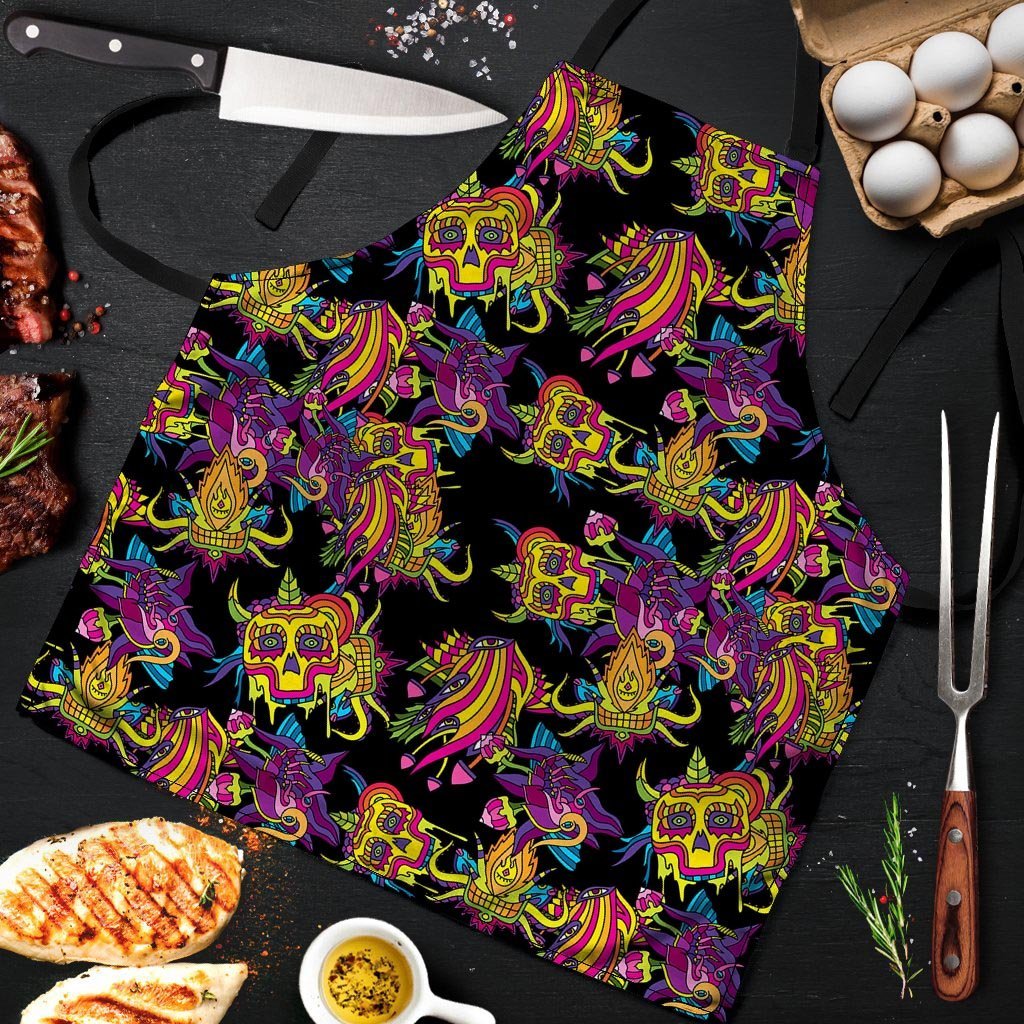 Black Skull Trippy Psychedelic Men's Apron-grizzshop