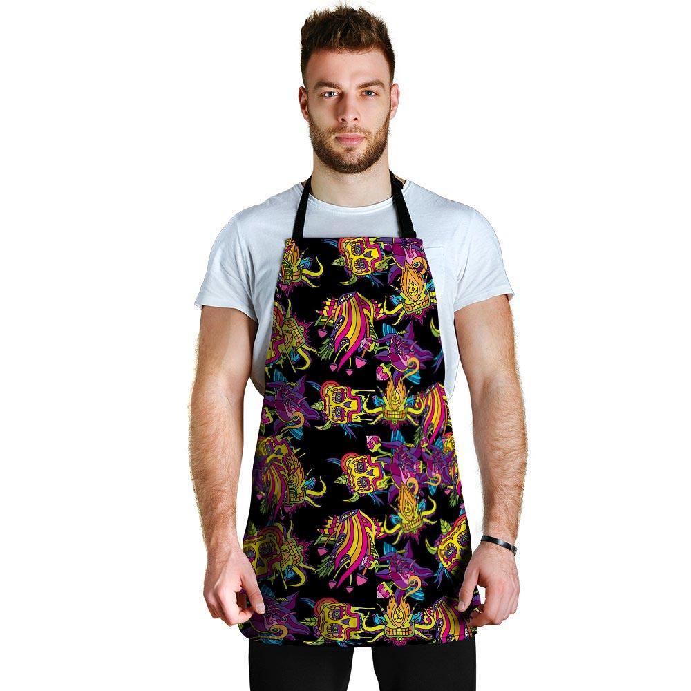 Black Skull Trippy Psychedelic Men's Apron-grizzshop