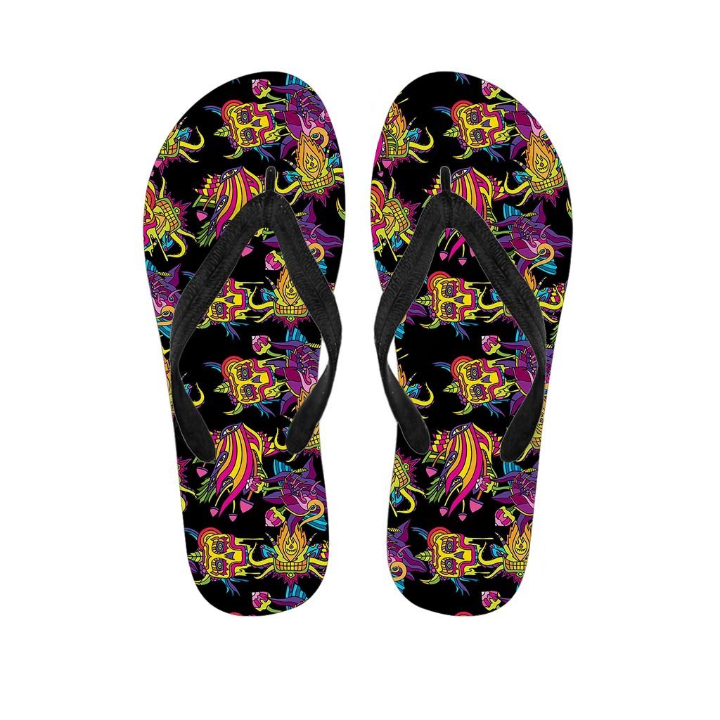 Black Skull Trippy Psychedelic Men's Flip Flops-grizzshop