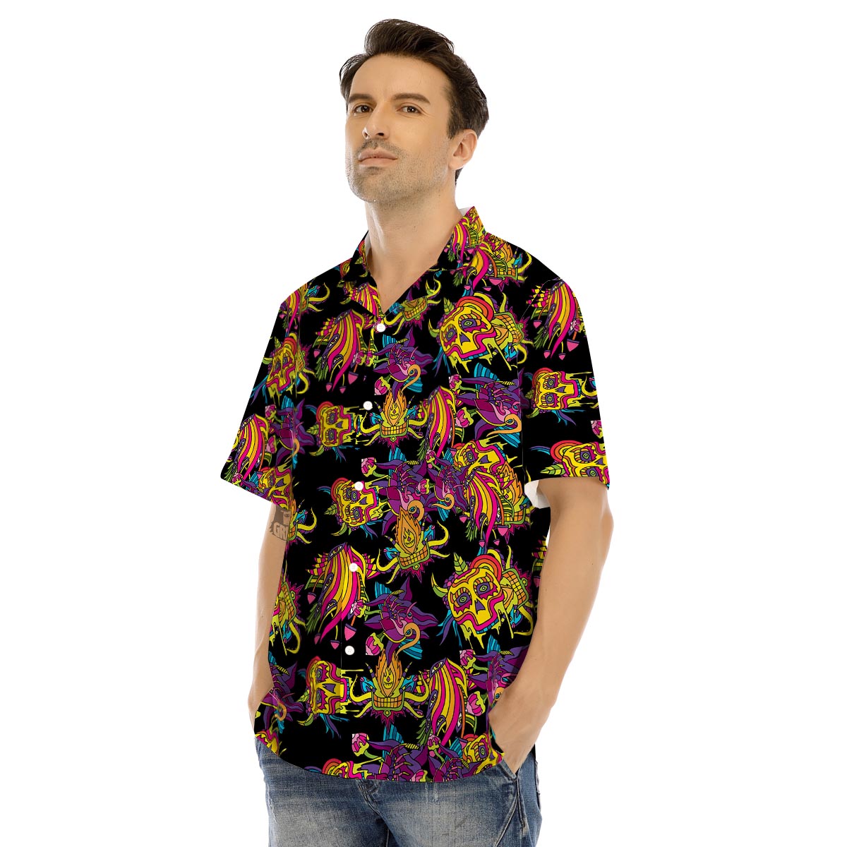 Black Skull Trippy Psychedelic Men’s Hawaiian Shirt-grizzshop