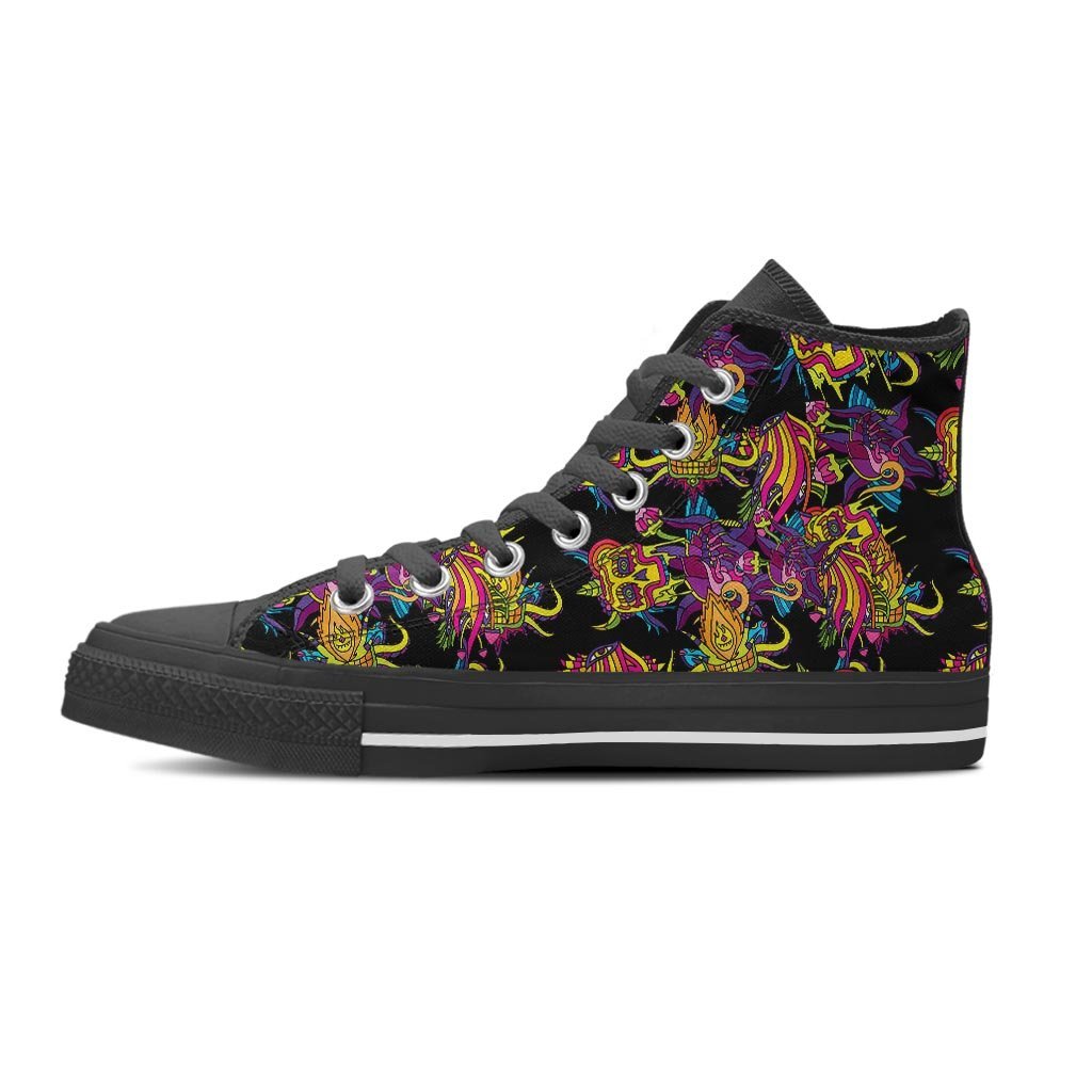 Black Skull Trippy Psychedelic Men's High Top Shoes-grizzshop