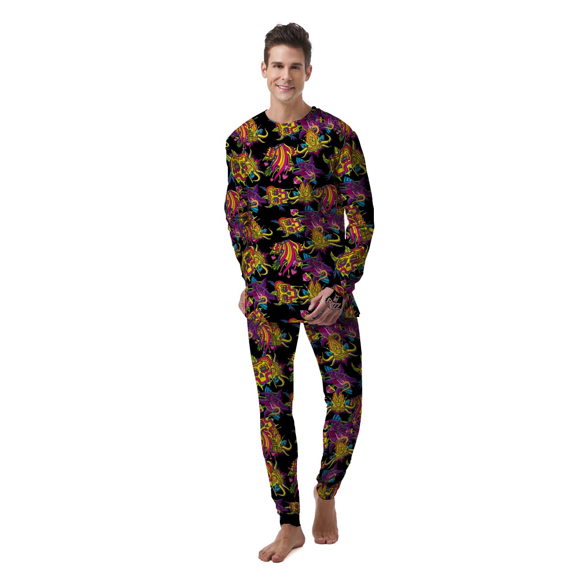 Black Skull Trippy Psychedelic Men's Pajamas-grizzshop