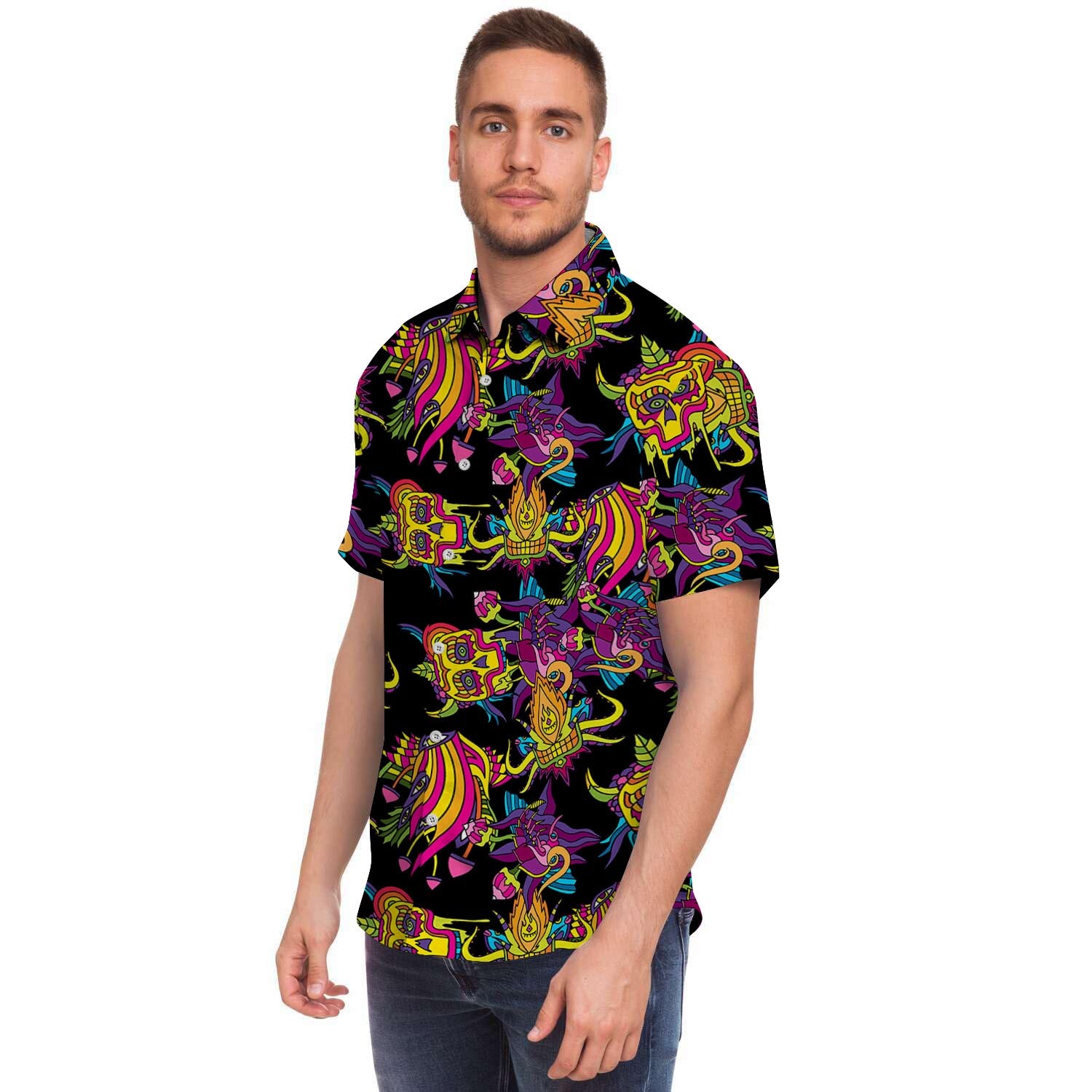 Black Skull Trippy Psychedelic Men's Short Sleeve Shirt-grizzshop
