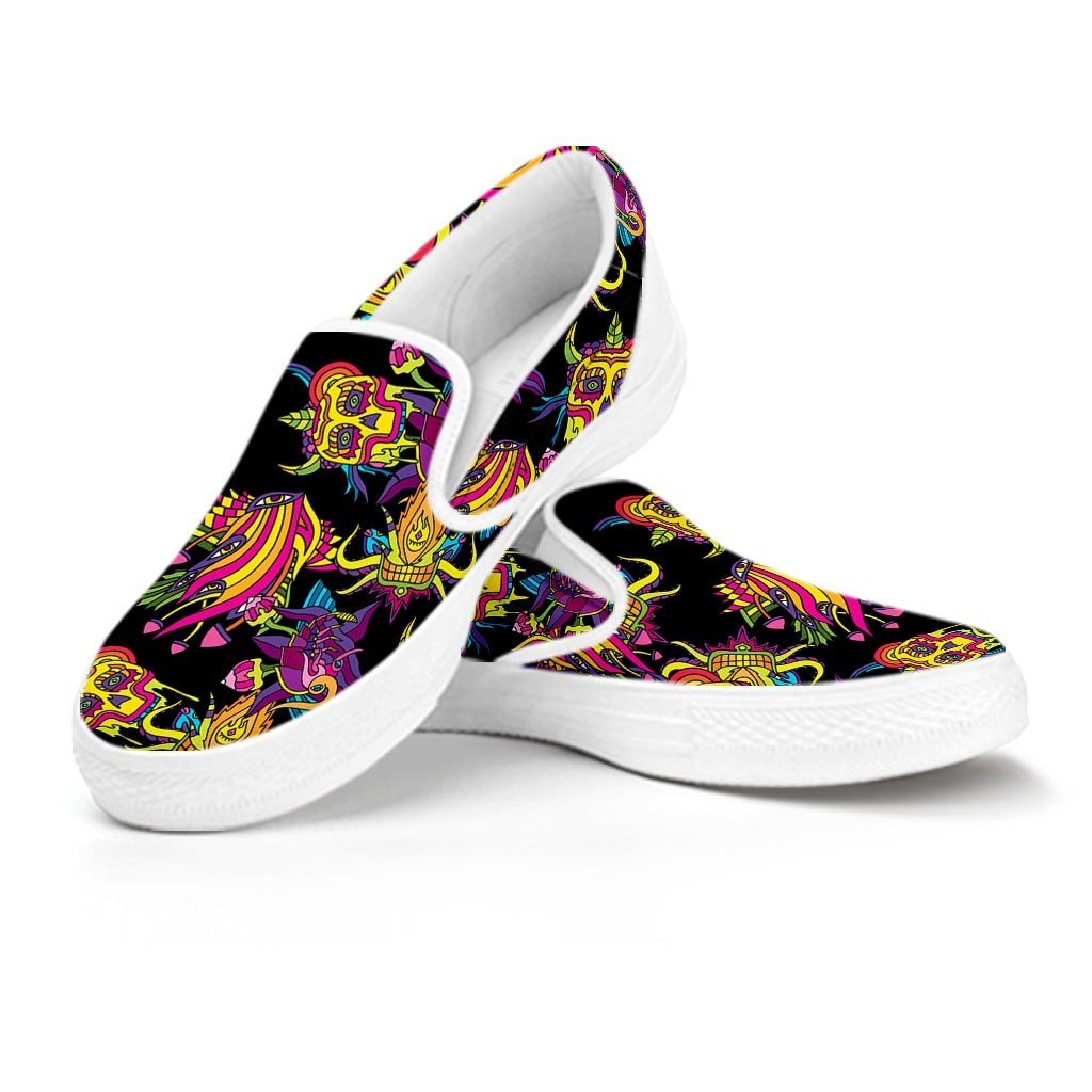 Black Skull Trippy Psychedelic Men's Slip On Sneakers-grizzshop