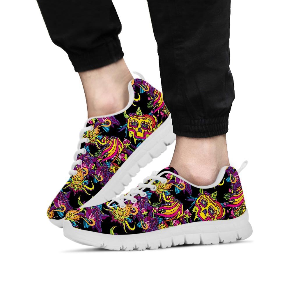 Black Skull Trippy Psychedelic Men's Sneakers-grizzshop