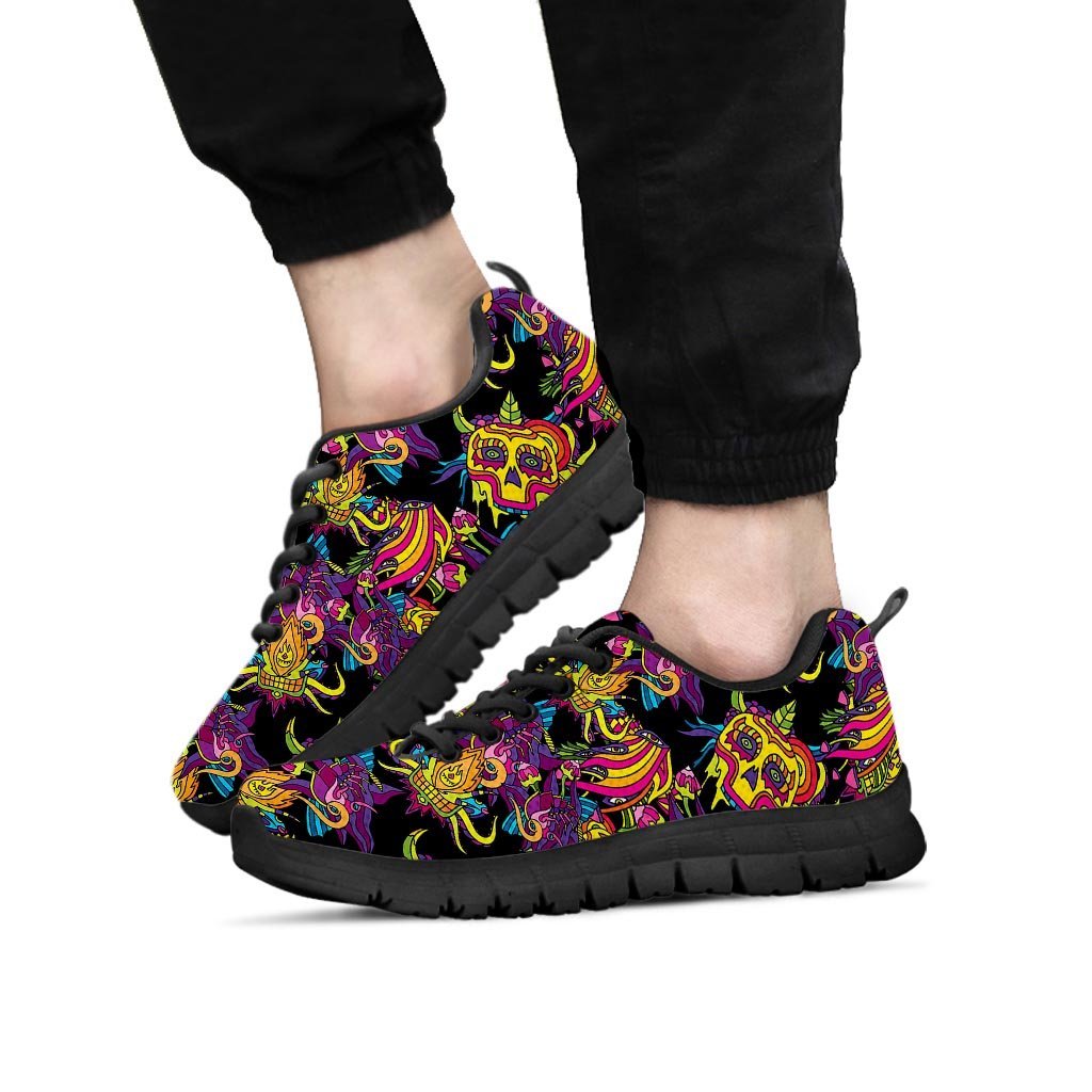 Black Skull Trippy Psychedelic Men's Sneakers-grizzshop