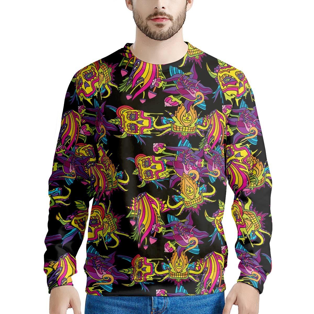 Black Skull Trippy Psychedelic Men's Sweatshirt-grizzshop