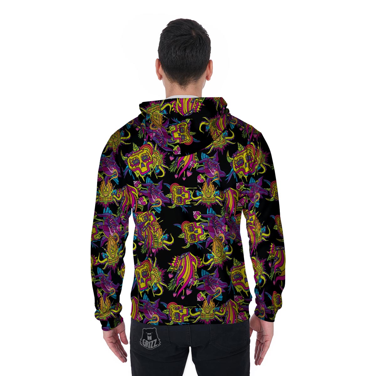 Black Skull Trippy Psychedelic Men's Zip Up Hoodie-grizzshop