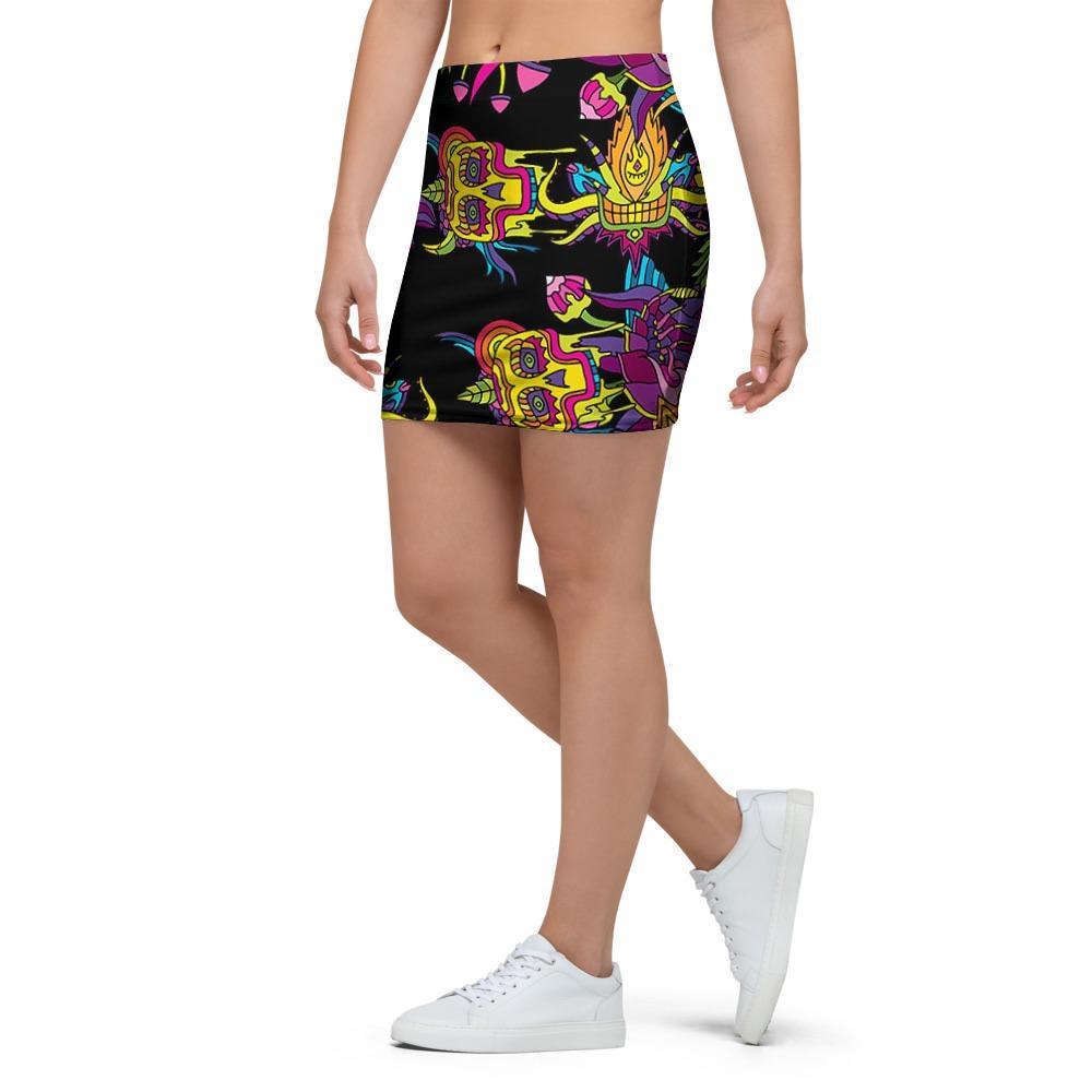 Black Skull Trippy Psychedelic Mini Skirt-grizzshop