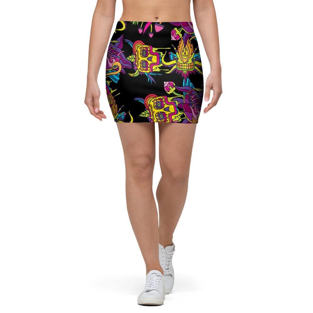 Black Skull Trippy Psychedelic Mini Skirt-grizzshop