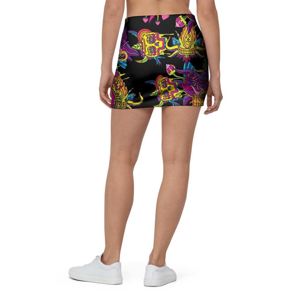 Black Skull Trippy Psychedelic Mini Skirt-grizzshop