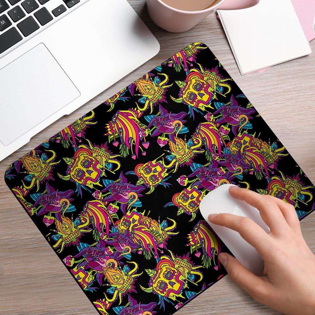 Black Skull Trippy Psychedelic Mouse Pad-grizzshop