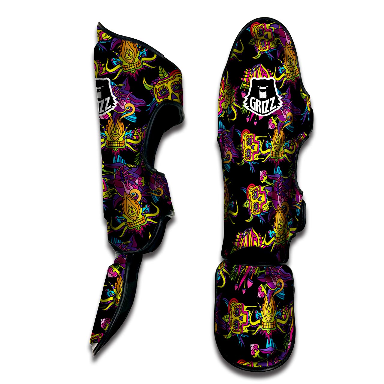 Black Skull Trippy Psychedelic Muay Thai Shin Guard-grizzshop