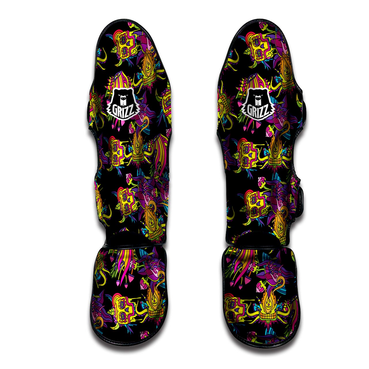 Black Skull Trippy Psychedelic Muay Thai Shin Guard-grizzshop