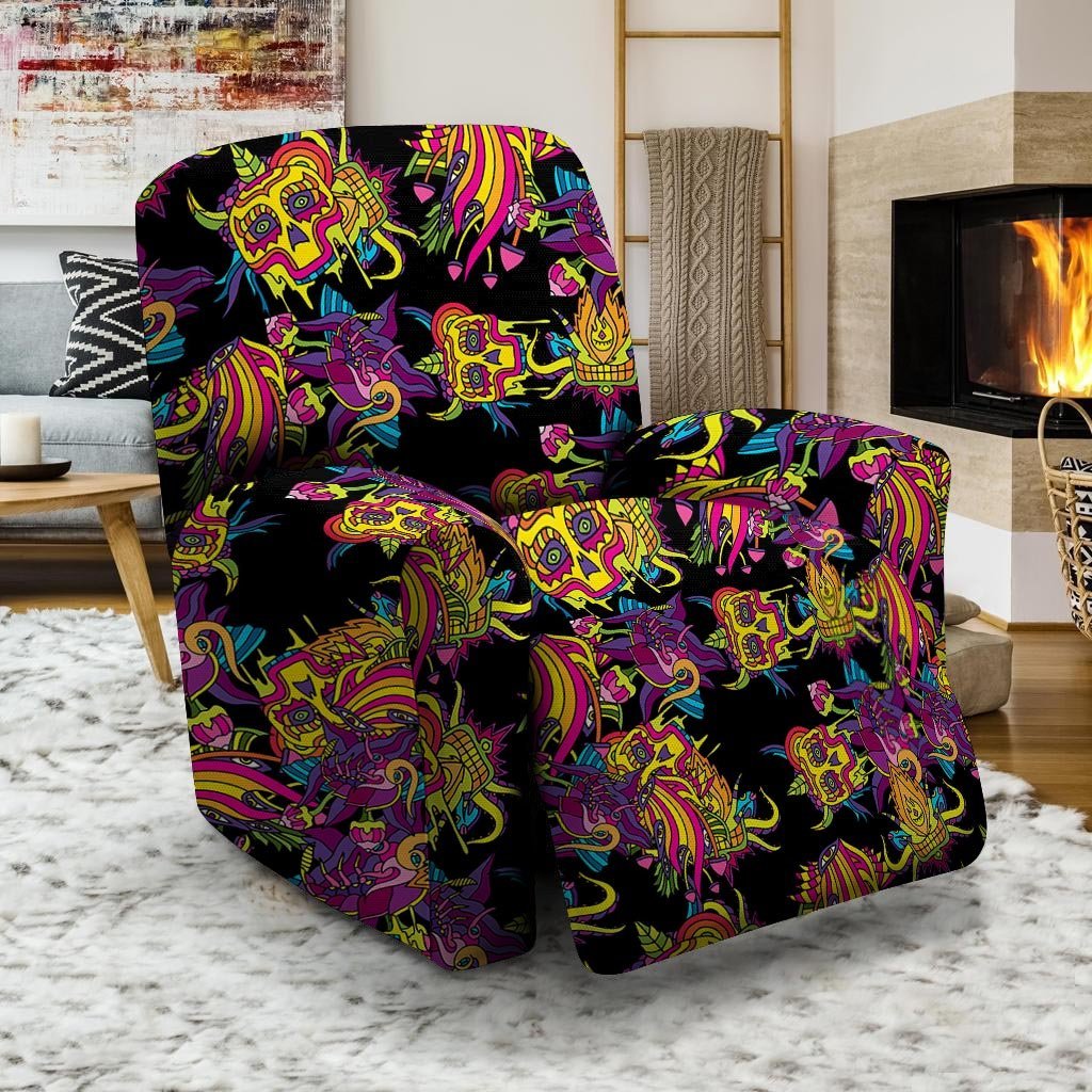 Black Skull Trippy Psychedelic Recliner Cover-grizzshop