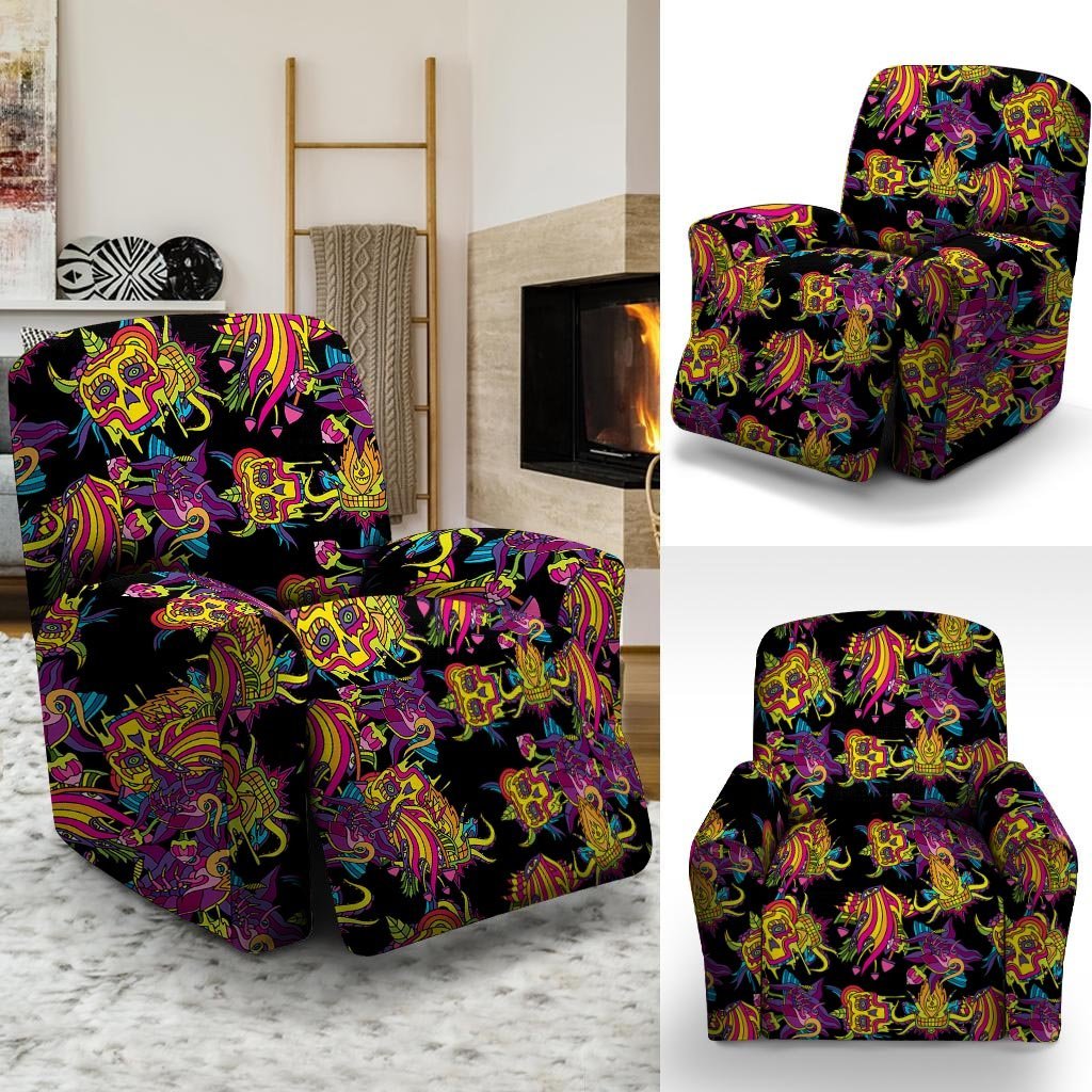 Black Skull Trippy Psychedelic Recliner Cover-grizzshop