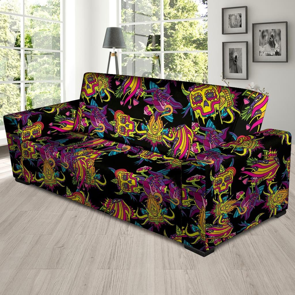 Black Skull Trippy Psychedelic Sofa Cover-grizzshop