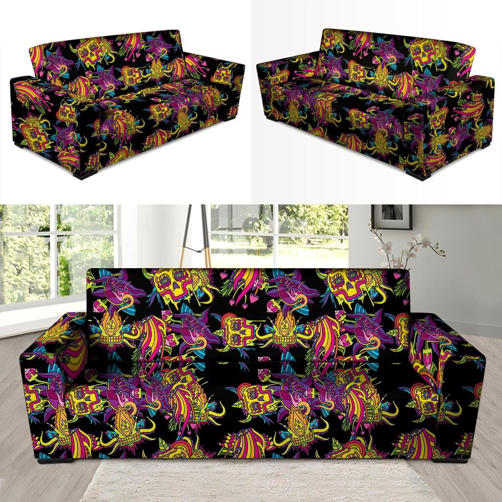 Black Skull Trippy Psychedelic Sofa Cover-grizzshop