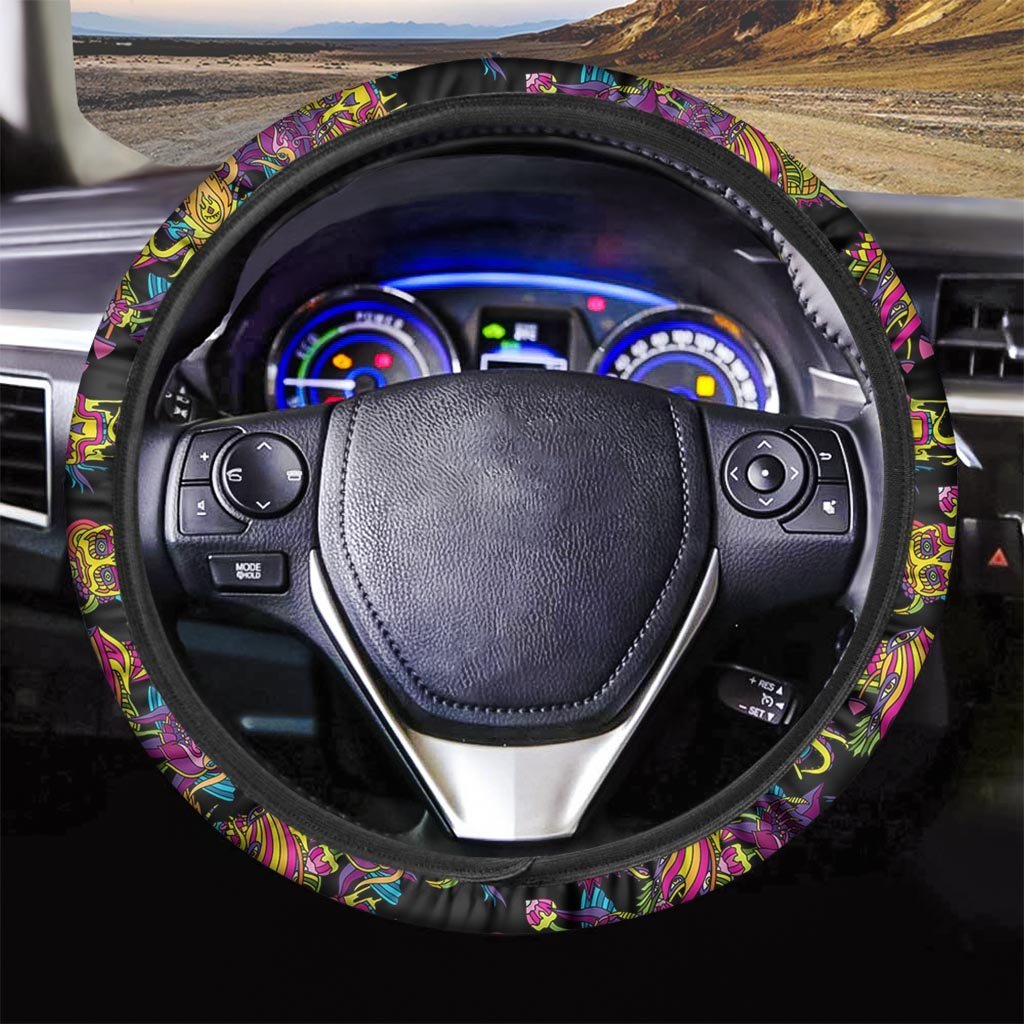 Black Skull Trippy Psychedelic Steering Wheel Cover-grizzshop