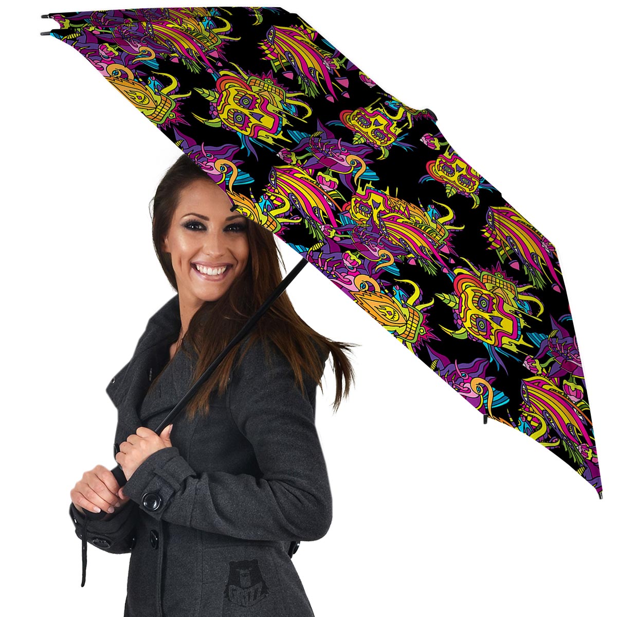 Black Skull Trippy Psychedelic Umbrella-grizzshop