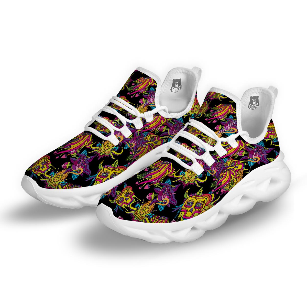 Black Skull Trippy Psychedelic White Running Shoes-grizzshop