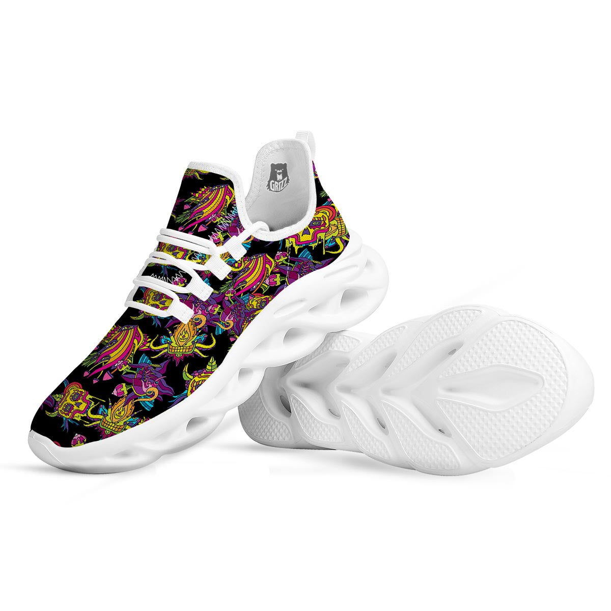 Black Skull Trippy Psychedelic White Running Shoes-grizzshop
