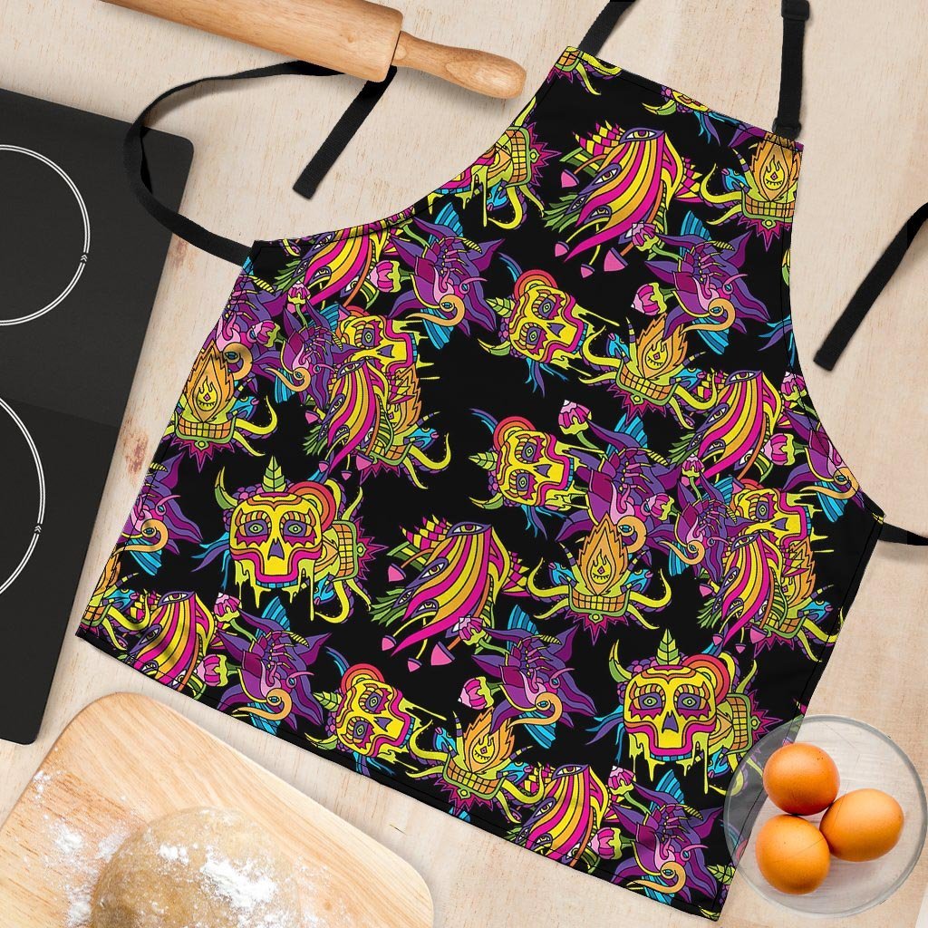 Black Skull Trippy Psychedelic Women's Apron-grizzshop