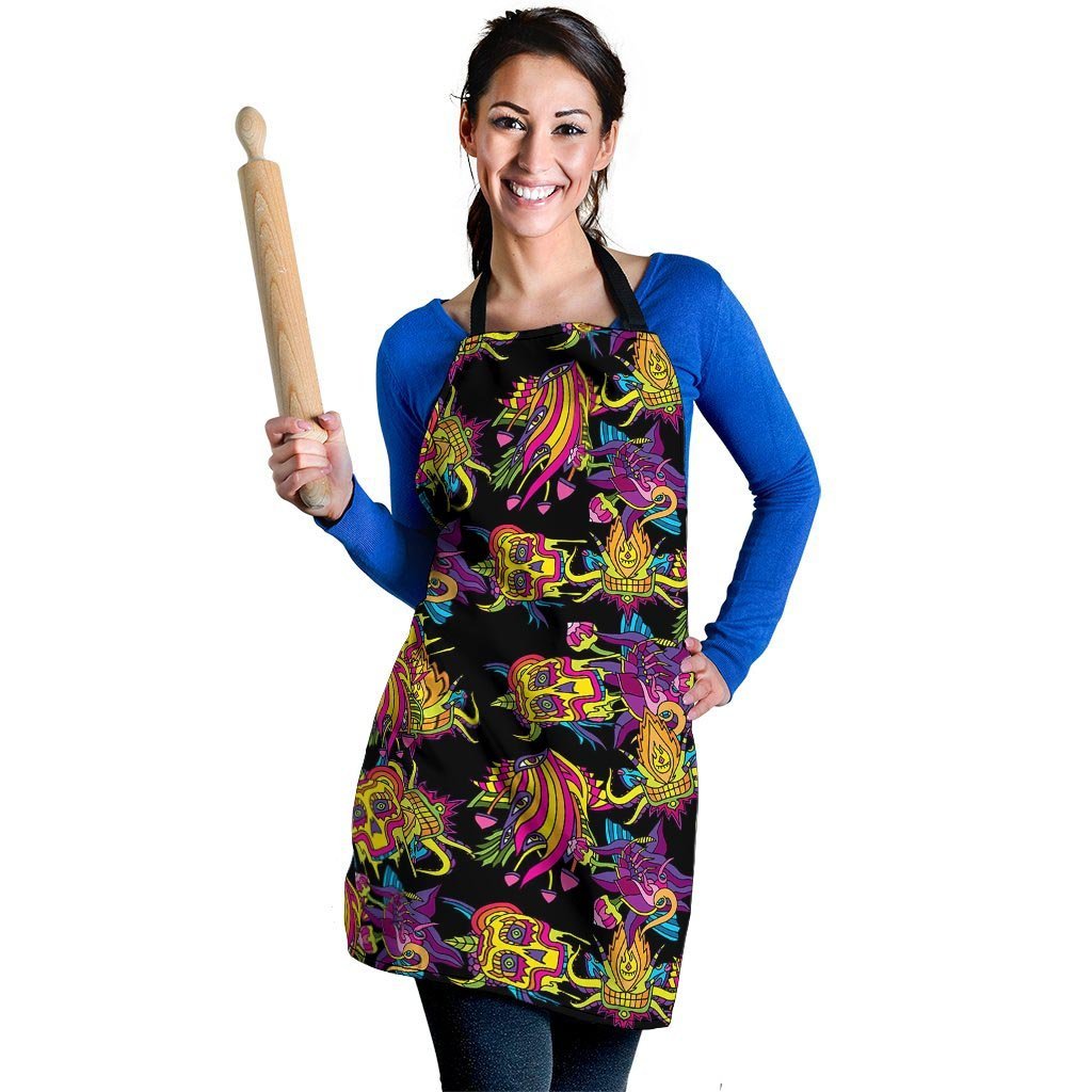 Black Skull Trippy Psychedelic Women's Apron-grizzshop