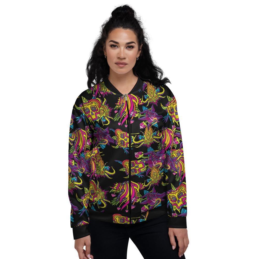 Black Skull Trippy Psychedelic Women's Bomber Jacket-grizzshop