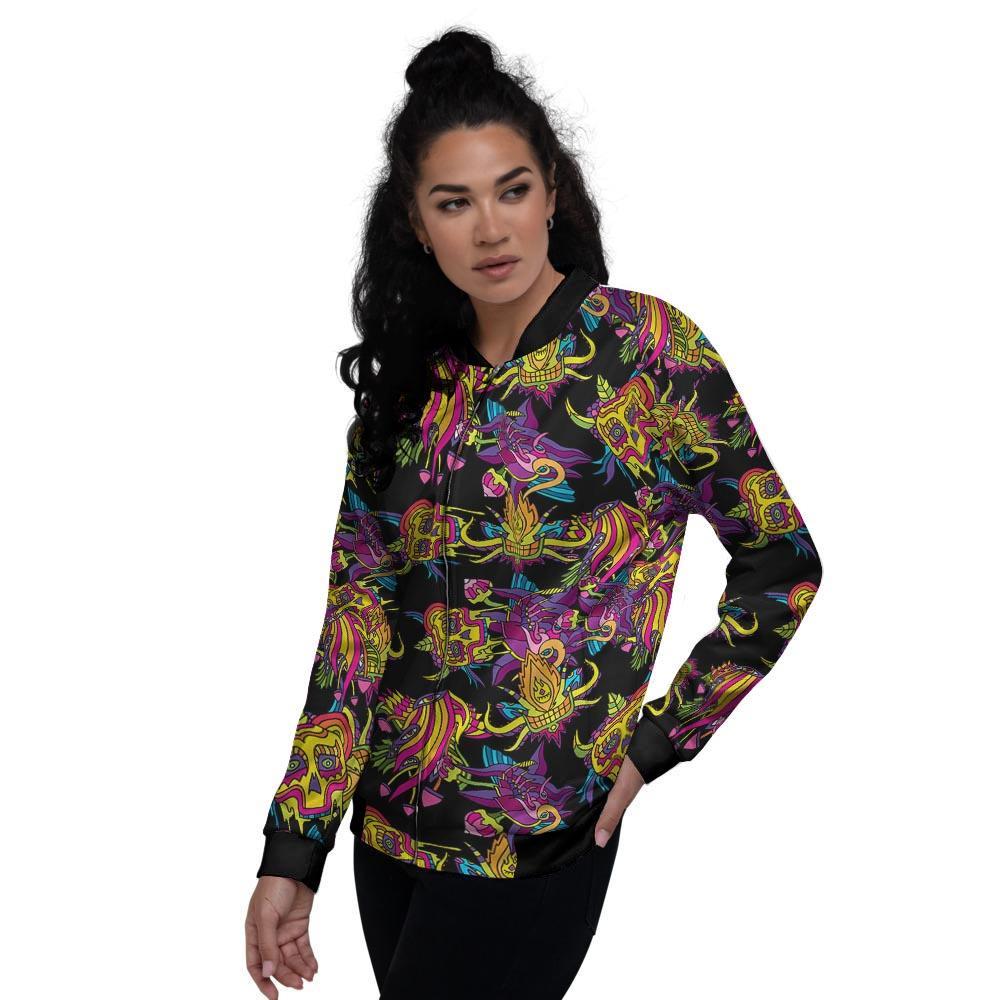 Black Skull Trippy Psychedelic Women's Bomber Jacket-grizzshop