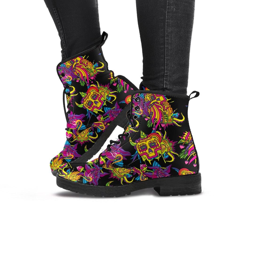 Black Skull Trippy Psychedelic Women's Boots-grizzshop