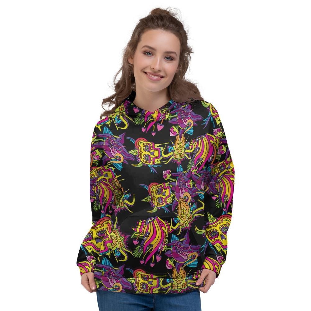 Black Skull Trippy Psychedelic Women's Hoodie-grizzshop