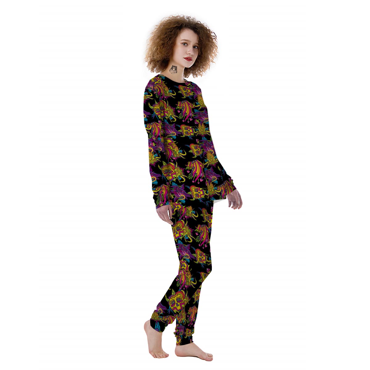 Black Skull Trippy Psychedelic Women's Pajamas-grizzshop