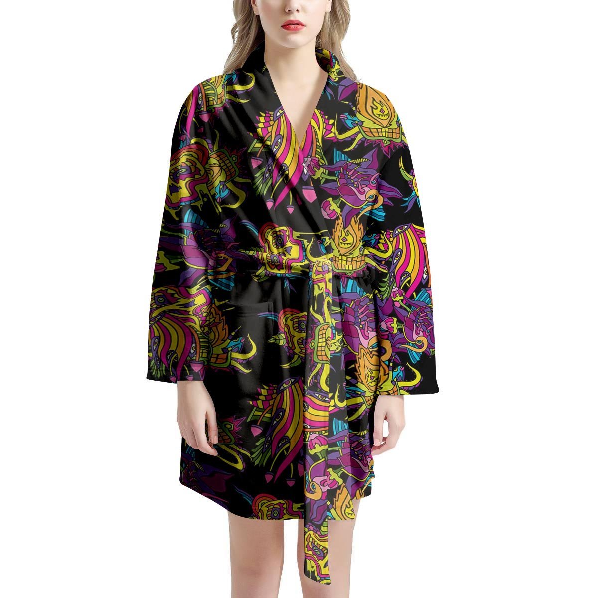 Black Skull Trippy Psychedelic Women's Robe-grizzshop