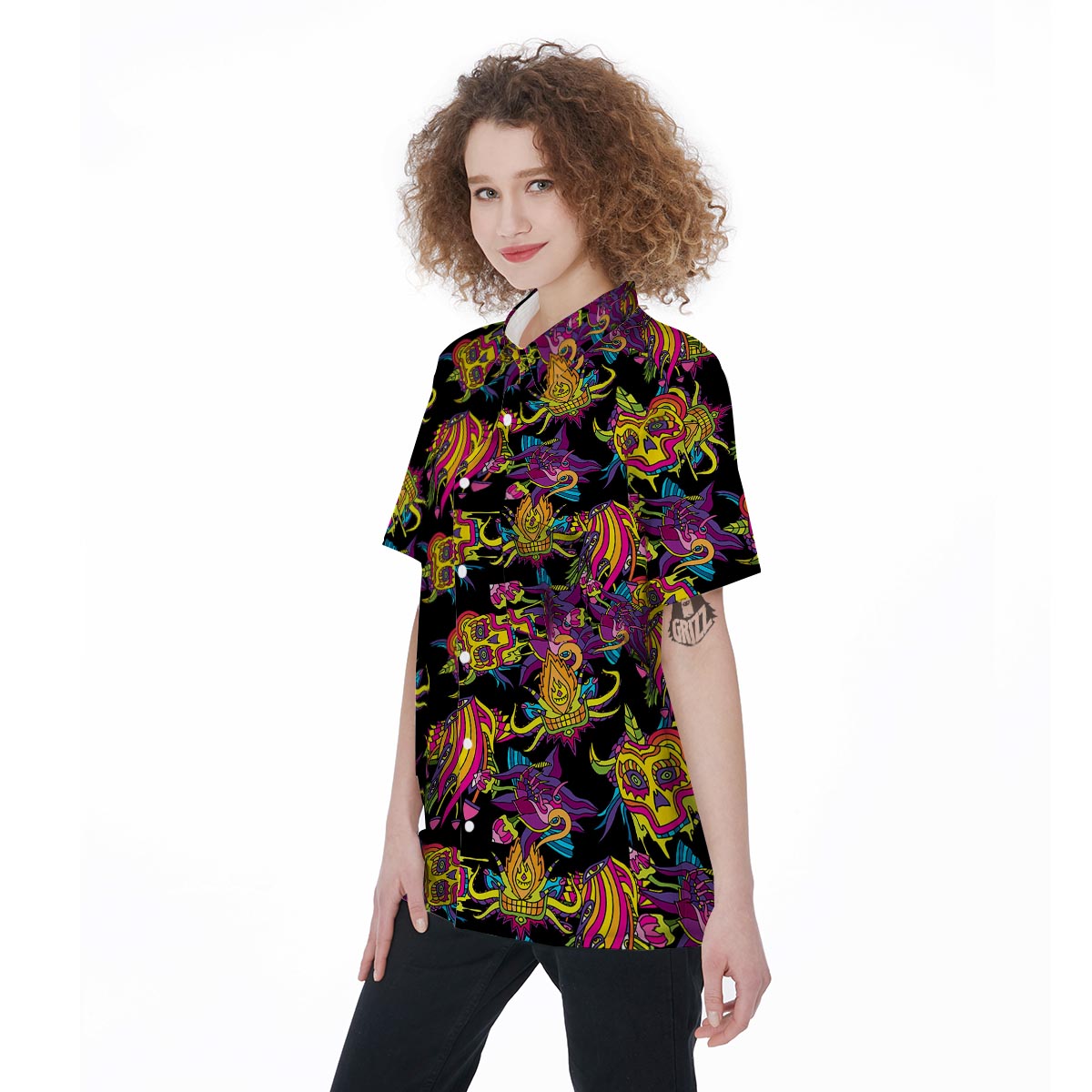 Black Skull Trippy Psychedelic Women's Short Sleeve Shirts-grizzshop