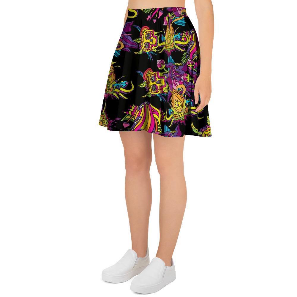 Black Skull Trippy Psychedelic Women's Skirt-grizzshop