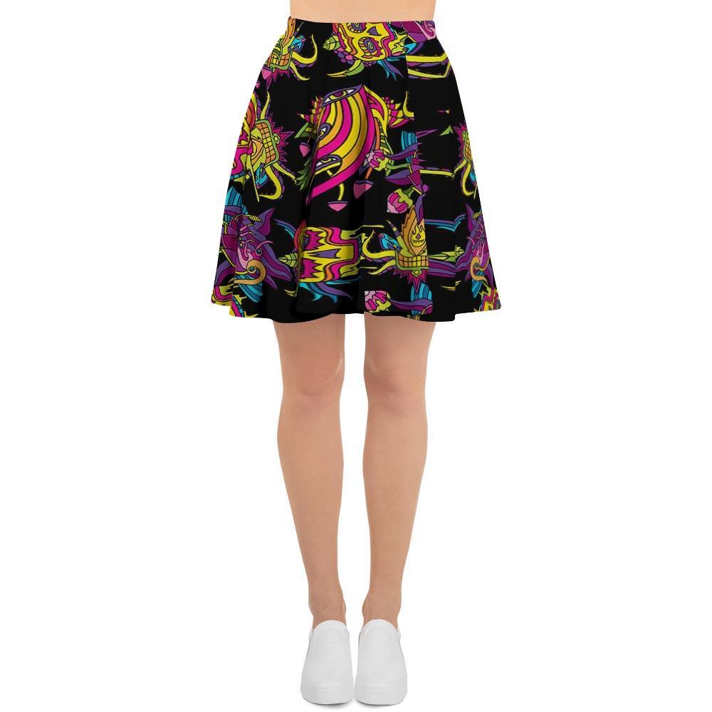 Black Skull Trippy Psychedelic Women's Skirt-grizzshop