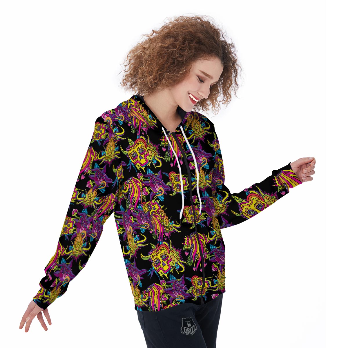 Black Skull Trippy Psychedelic Women's Zip Up Hoodie-grizzshop