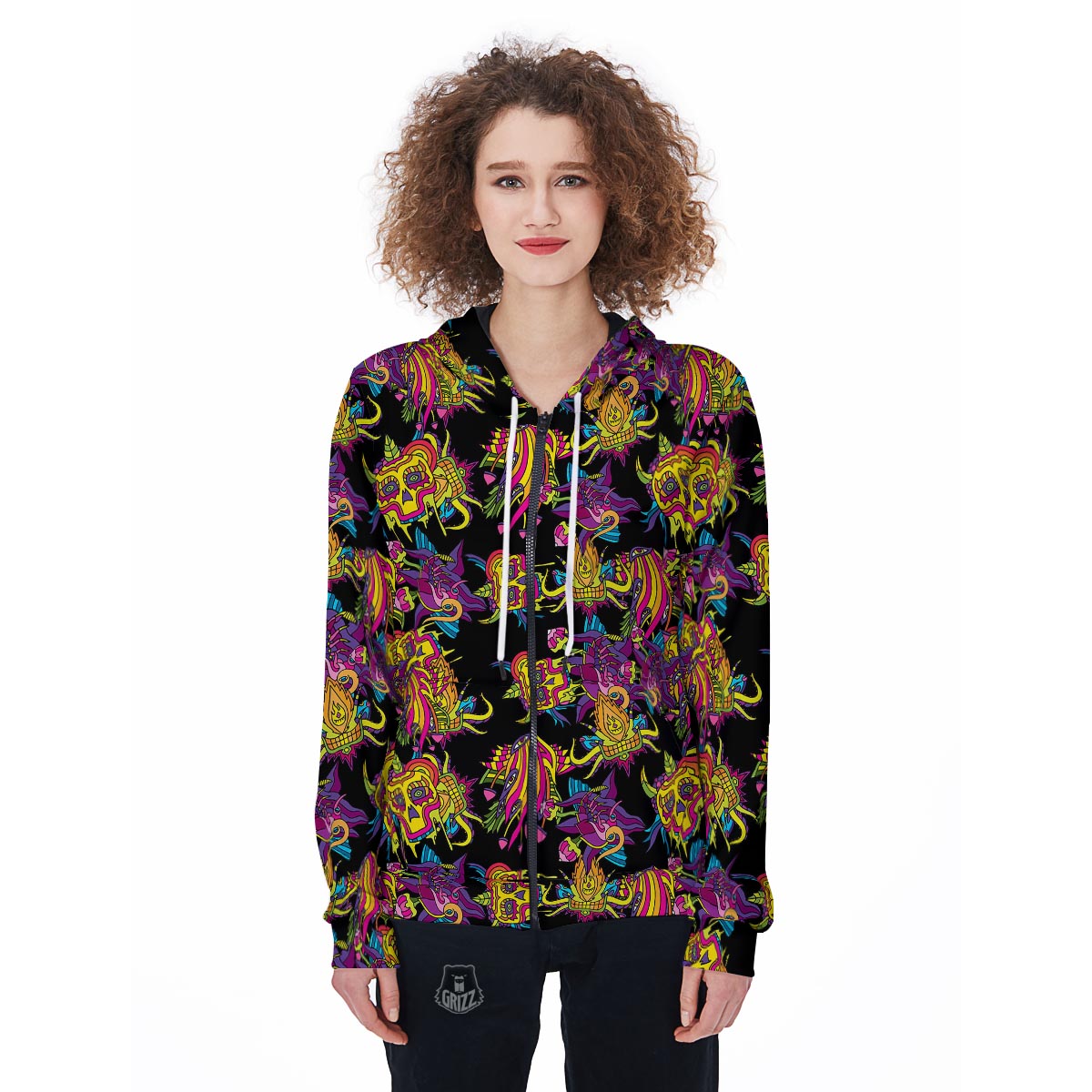 Black Skull Trippy Psychedelic Women's Zip Up Hoodie-grizzshop