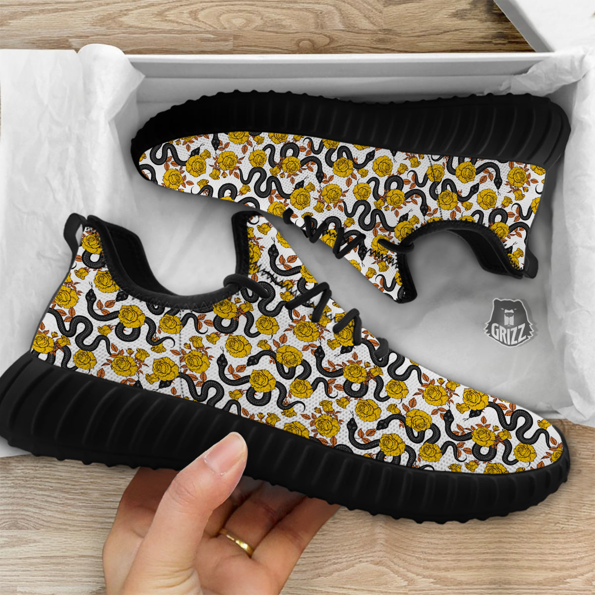 Black Snake And Gold Rose Print Pattern Black Walking Shoes-grizzshop