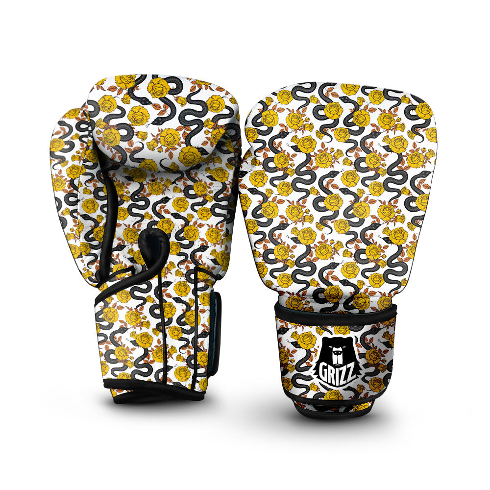 Black Snake And Gold Rose Print Pattern Boxing Gloves-grizzshop