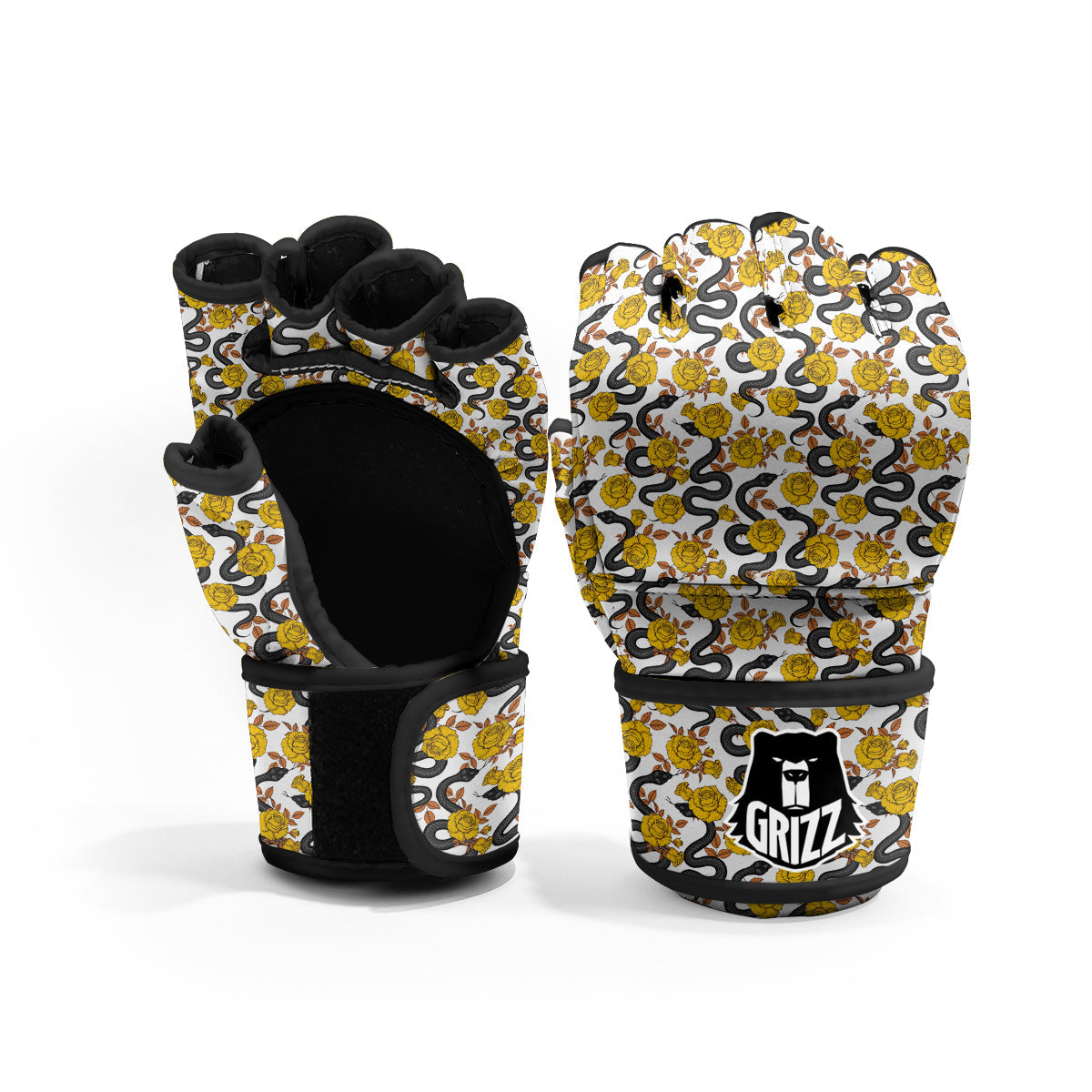 Black Snake And Gold Rose Print Pattern MMA Gloves-grizzshop