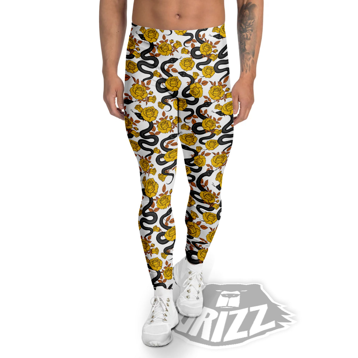 Black Snake And Gold Rose Print Pattern Men's Leggings-grizzshop